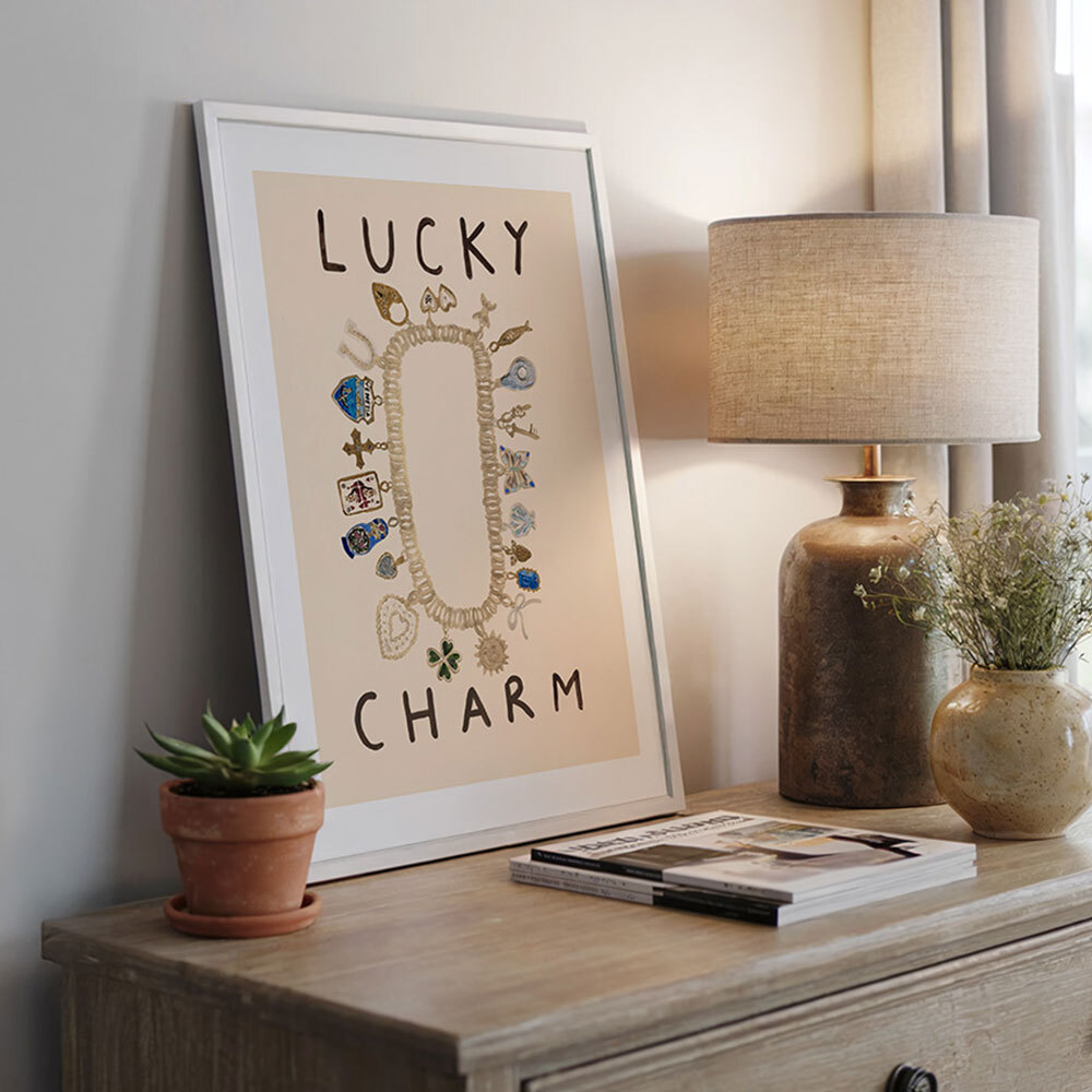 lucky charm art print by she snacks and paints in white frame