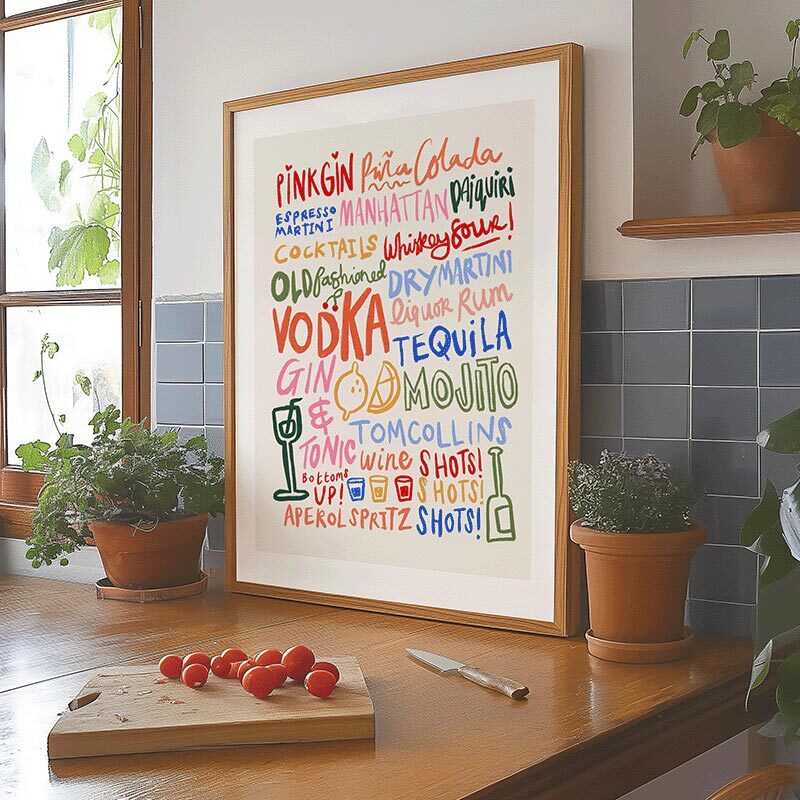 colourful cocktails art print by simplyextrajordanary in oak frame