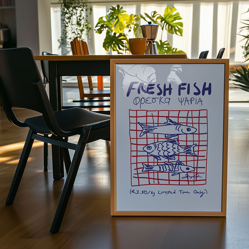 fresh fish art print by stephie cardona in oak frame
