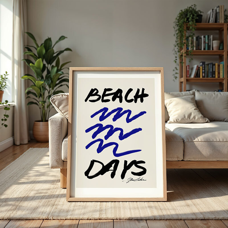 beach days art print by stephie cardona in oak frame