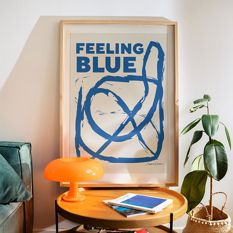 feeling blue art print by stephie cardona in oak frame