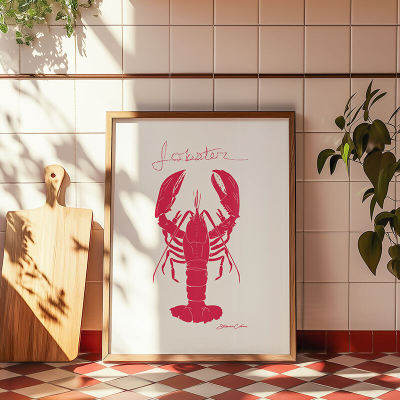 red lobster art print by stephie cardona in oak frame