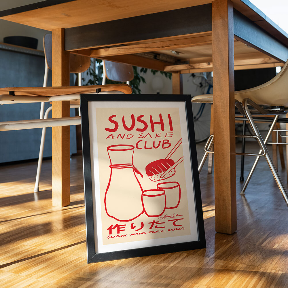 sushi & sake club art print by stephie cardona in black frame