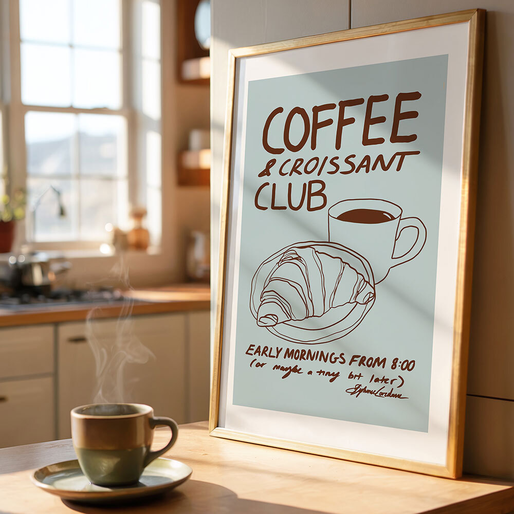coffee & croissant club art print by stephie cardona in oak frame
