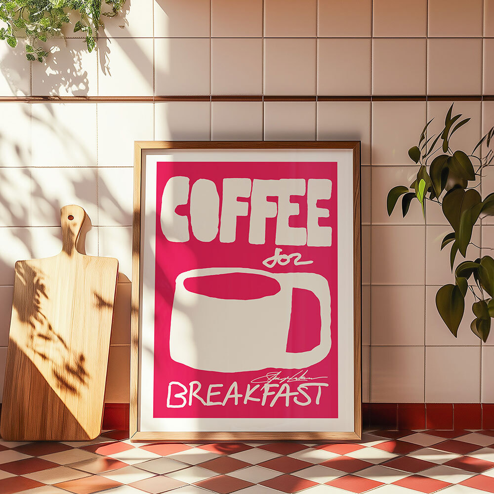 coffee for breakfast art print by stephie cardona in oak frame