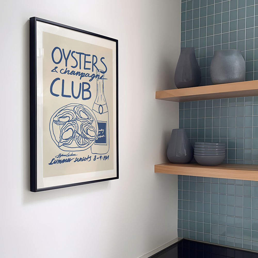 oysters & champagne club art print by stephie cardona in black frame