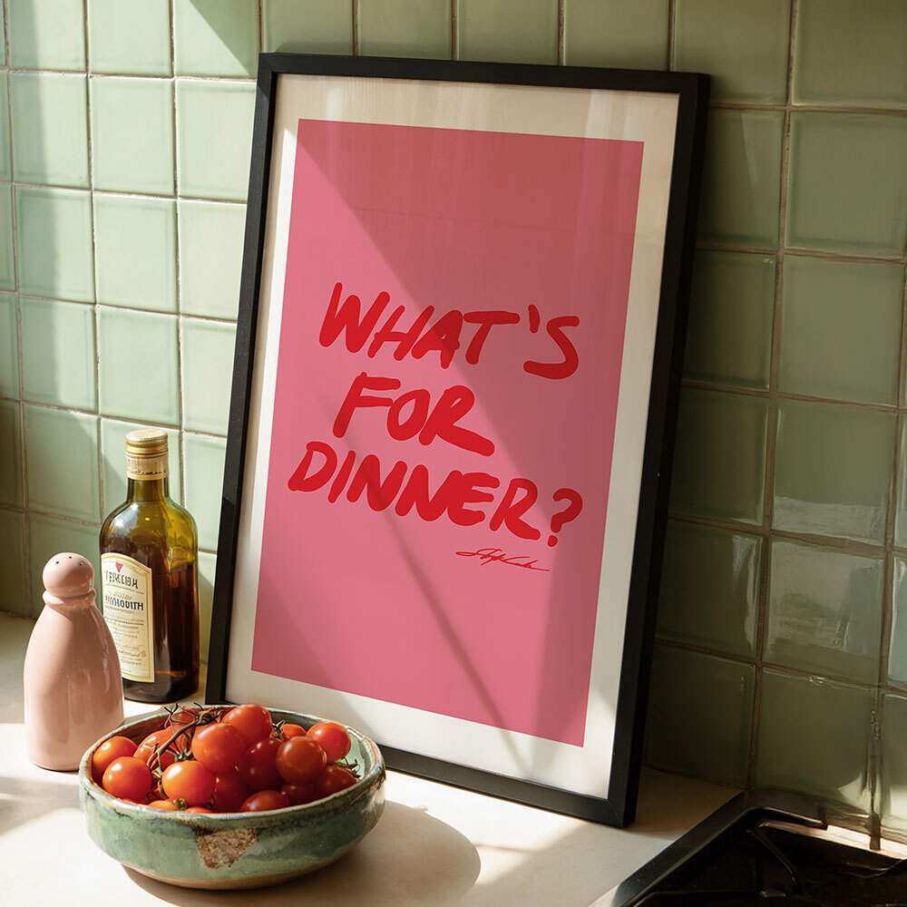 what's for dinner pink art print by stephie cardona in black frame