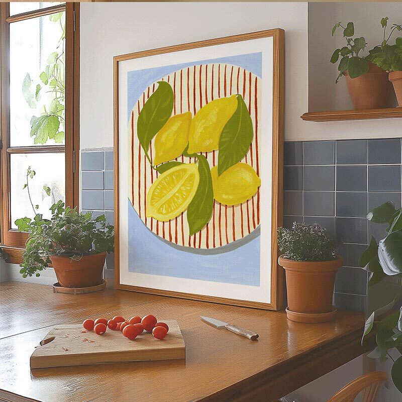 leafy lemons art print by susie miller in oak frame