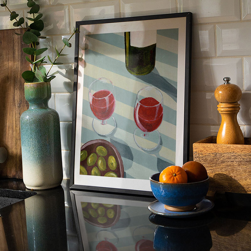 blue wine time art print by susie miller in black frame