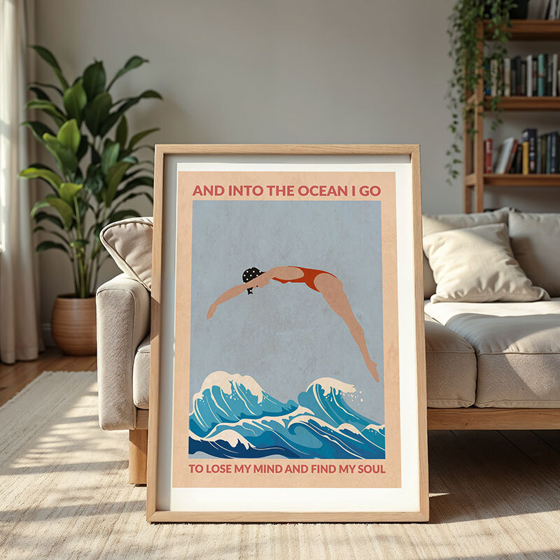 into the ocean i go art print by wall chart in oak frame