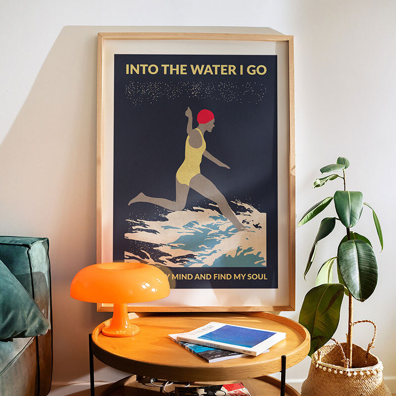 night swimmer art print by wall chart in oak frame