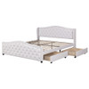 Abrihome Upholstered bed 135x190cm with Slatted Frame, 2 Drawers and Headboard with Pull Point Rivets, White