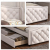 Abrihome Upholstered bed 135x190cm with Slatted Frame, 2 Drawers and Headboard with Pull Point Rivets, White