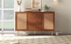 This rattan sideboard cabinet features a walnut finish, adjustable shelves, 2 doors, 3 drawers, and magnetic door switches, offering versatile and stylish storage for any room.