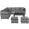This outdoor rattan sofa set includes an 8-seat corner sofa, 2 stools, and a coffee table