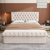 A luxurious velvet storage bed with a classic tufted sleigh design, hydraulic lift storage, an adjustable headboard, and a sturdy wood and metal frame for lasting comfort and elegance.