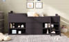 This taupe cabin bed offers storage with shelves and drawers, a safe design, and a durable wooden frame.