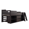 The bed features a wooden frame with built-in shelves, pull-out drawers for storage, and a sturdy ladder for easy access.
