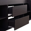 Four open shelves and two drawers provide additional storage