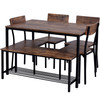This dining table and chair set consists of 4 chairs, a dining table and a bench