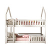 This bunk bed has a solid pine wood frame, castle design, ladder for easy access, and a full-length guardrail for added safety.
