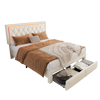 The bed features an adjustable headboard, sturdy iron frame, under-bed storage drawers, and customizable LED light strips.