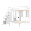 A sturdy bunk bed with a desk, storage stairs, bookshelf, and wardrobe