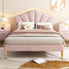 A luxurious and elegant design with velvet upholstery, golden accents, and a unique shell-shaped headboard, perfect for modern bedrooms.