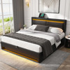 A multifunctional upholstered bed with USB ports, LED lighting, adjustable headboard, and under-bed storage.