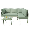 This outdoor furniture set includes a modern L-shaped sofa with plush cushions and a glass coffee table, perfect for your patio or backyard.