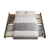 Grey upholstered fabric, foam padding, iron frame, and four under-bed drawers with castors. Grey upholstered fabric, foam padding, iron frame, and four under-bed drawers with castors.