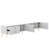 This TV stand includes 2 pull-out drawers, 2 closed cabinets, and 3 open shelves.