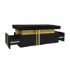 A modern coffee table with marble pattern top, dual drawers, and compact design for stylish storage.