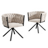A set of 2 velvet dining chairs with 360° swivel and steel frame.