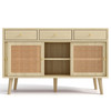Wooden frame, rattan doors, three drawers, and stylish legs.