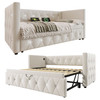Upholstered daybed, pull-out trundle, USB and Type-C charging ports, slat support system.