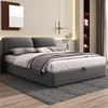 Hydraulic upholstered bed with storage drawers and adjustable headboard.
