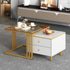 The set includes two nesting coffee tables with marble tops and drawers.