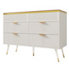 The product includes a 6-drawer sideboard cabinet with amber glass top and metal legs.
