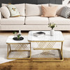 Nest of 2 elegant marble-patterned coffee tables with gold metal frame.