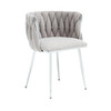 Set of 2 handwoven dining chairs with silver legs and armrests.