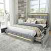A stylish and functional velvet upholstered bed with LED lighting and spacious storage drawers.