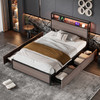 Durable metal bed with LED lights, storage drawers, and USB ports.