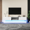 Modern LED TV stand with storage, RGB lighting, and USB power.