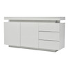 The product includes 2 doors, 3 drawers, LED lights, and a high-gloss board.