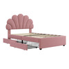 Velvet bed frame with petal headboard, 2 drawers, and wood slats (no mattress).