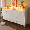 Modern fluted sideboard with drawers, shelves, and RGB LED lighting.