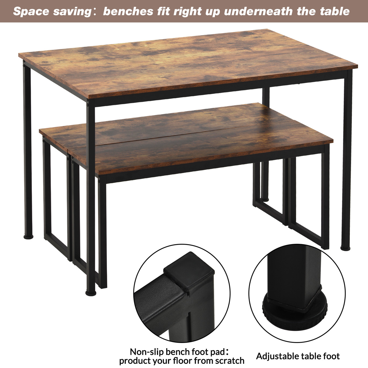 3-Piece Dining Table and Bench Set 4-Person Space-Saving Dinette