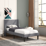 Single Bed Soft Linen Grey 3FT Upholstered Bed with Winged Headboard, Wood Slat Support