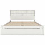 Abrihome Bed with Shelves, White Wooden Storage Bed, Underbed Drawer